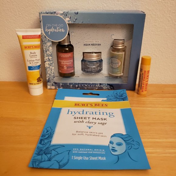 L'Occitane On-The-Go Hydration 3pc Set + Burt's Bees Mask, Body Lotion, Lip Balm - Picture 1 of 10